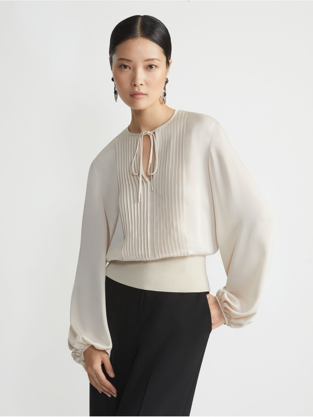 Lafayette 148 New York Pintuck blouson sleeve satin blouse size XL